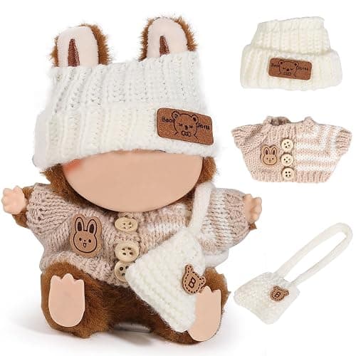 MVOHSMVO Clothes for Labubu(NO Doll), 3 Pcs Set Hat Clothes Backpack for Standing/Sitting LABUBU or Any 17cm/6.7inch Doll (White Hat/Rice Jacket/White Bag) - White Hat/Rice Jacket/White Bag - Image 1