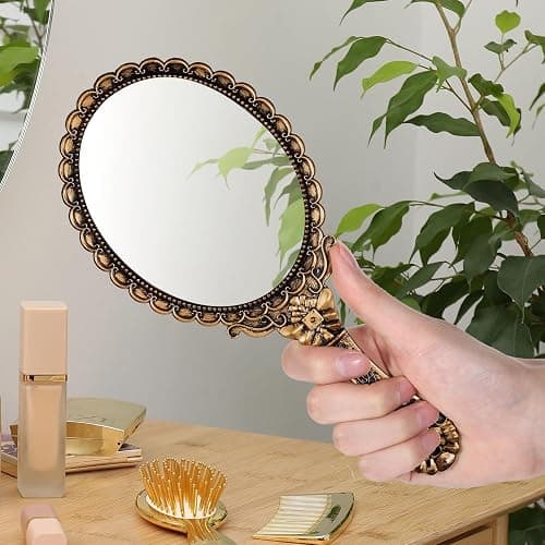 Vintage-Handspiegel Mit Griff, Eleganter Schminkspiegel, Tragbarer Reise-Handspiegel Aus Kunststoff Für Damen, Ideal Für Make-Up Auf Reisen, Partys Und Als Schreibtischaccessoire, Bronze thumbnail 5