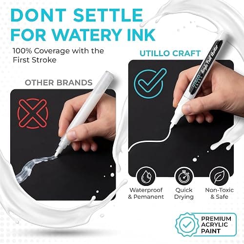Utillo Craft White Paint Pen (8-Pack), 0.7mm Extra Fine White Paint Markers | Bold Color Permanent White Acrylic Paint Pen for Metal, Fabric, Wood, Glass, Paper, Plastic, Rock, Leather | Artist DIY thumbnail 3