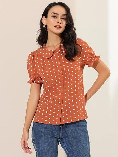 Allegra K Women's Polka Dots Shirt Short Puff Sleeve Vintage Button Up Peter Pan Collar Blouse Tops thumbnail 4