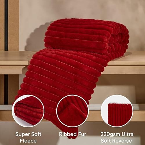 OHS Throws for Sofa Ribbed Faux Fur, Decorative Thick Soft Blanket Bed Throw Cosy Warm Winter Blanket Throws for Sofa Decorative Couch Cover, 125 x 150cm - Red - Red - 125 x 150cm thumbnail 3