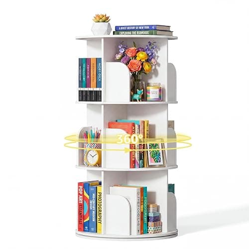 DUMOS 3 Tier Rotating Bookshelf Tower, Spinning Bookshelf for Small Space | 360° Display Revolving Bookcase Lazy Susan, Freestanding Vertical Corner Book shelf for Bedroom, Living Room, Entryway, White - Image 1