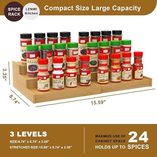 Lenwi Spice Rack Organizer for Cabinet, 3 Tier Expandable Bamboo Spice Storage, Great for Kitchen Cabinet, Cupboard,Pantry and More thumbnail 2