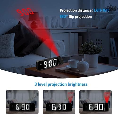 AMIR Projection Alarm Clock for Bedroom Ceiling, LED Clock with 7.9" Large Display,4 Level Brightness, 12/24H, USB Charger, Snooze, Night Mode, Loud Alarm for Kids, Elderly,Heavy Sleepers thumbnail 3