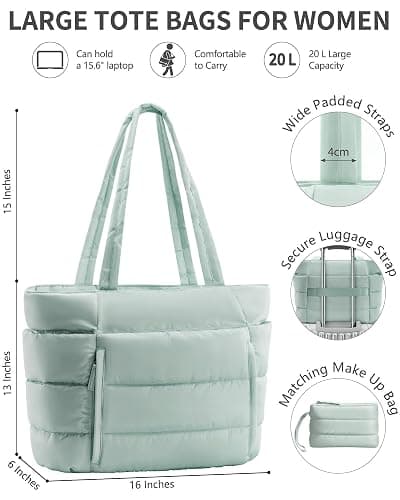 Puffer Tote Bag for Women, Lightweight Puffy Work Handbag Teacher Nurse Quilted Shoulder Bag for School Travel Gym thumbnail 2