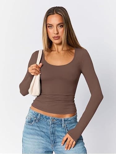 Trendy Queen Womens Scoop Neck Long Sleeve Shirts Skinny Going Out Crop Tops Cute Fall Fashion 2025 Clothes thumbnail 2