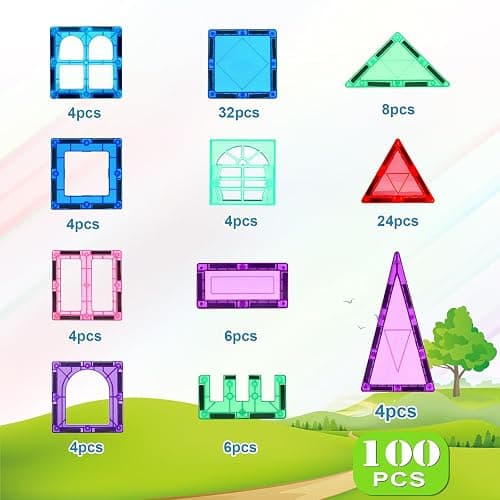 100PCS Magnetic Tiles Kids Toys - Magnetic Building Blocks STEM Magnet Building Set Preschool Learning Magnet Toys for Kids Ages 3-5 4-8, Sensory Montessori Toy for Toddlers 3+ Year Old Boys Girls thumbnail 5