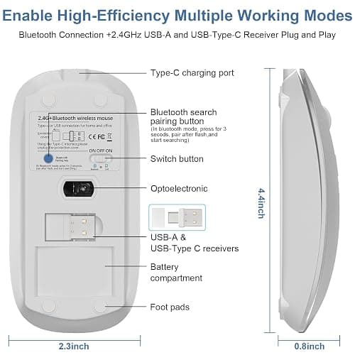 Kovess Mouse for Laptop Wireless Bluetooth - MacBook Air Mac Pro PC iPad Optical Rechargeable Silent Mouse with Jiggler Dual Mode Switch Bluetooth 5.2/3.0 and 2.4GHz USB-A and Type-C Receiver Silvery thumbnail 4