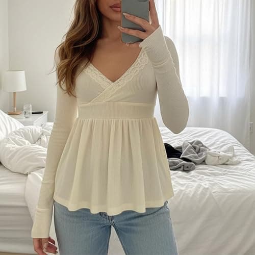 Women Long Sleeve Babydoll Top Lace Trim V Neck Knit Peplum Tops Cute Ruffle Hem Coquette Blouse thumbnail 5