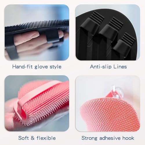 Manmihealth Silicone Back Scrubber & Soft Bath Glove, Silicone Scalp Massager Set 5 PCS, Super-Exfoliating Body Scrubber Shower Brush & Shampoo Brush Combination, with 2 Free Hooks (Style 2 Black) thumbnail 4