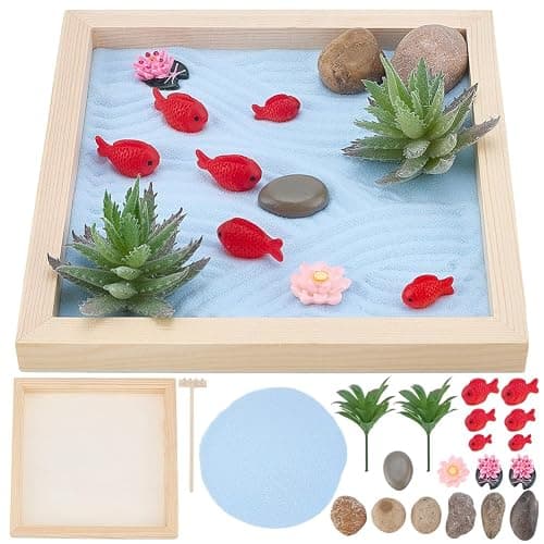 WEBEEDY Japanese Zen Garden Kit for Desk, Lotus Fish Pond Mini Sandbox Zen Sand Garden Desktop Meditation Accessories Gift for for Adult Home Room Office Decor,5.9 Inch/15 cm Round Tray - Image 1
