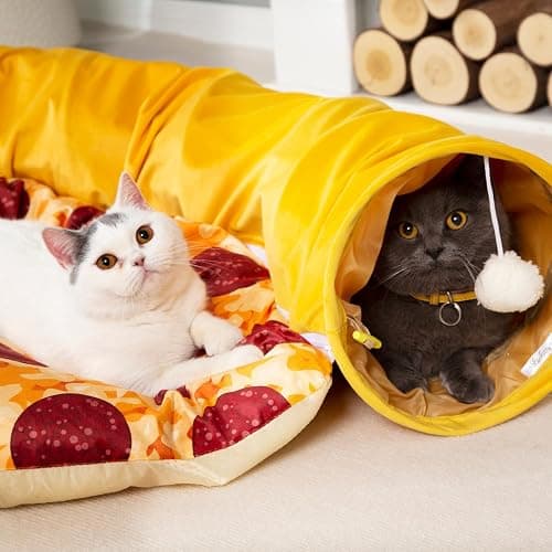 LUCKITTY Cat Tunnel Bed - Peek-a-Boo Pizza Shape Design for Cozy and Playful Animals - 9.8 -Inch Diameter Yellow thumbnail 3