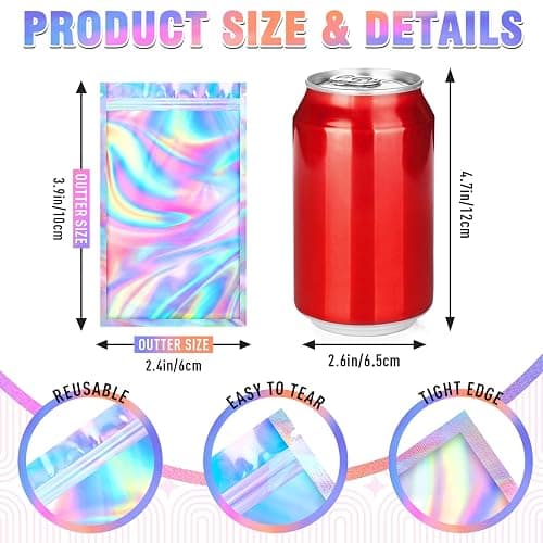 FITIMOR 100 PCS Mylar Holographic Bags, MINI Resealable Bags, Scent Proof Bag, Bracelet Bag, Small Gift Baggies for Dulces, Lipgloss, Eyelash, Jewelry Packaging | 2.4x3.9 Inch thumbnail 2
