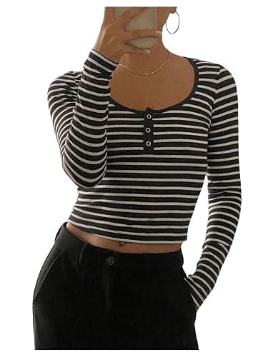 Floerns Women's Striped Print Ribbed Crop Tops Long Sleeve Button Scoop Neck T Shirts - Image 1