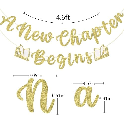 A New Chapter Begins Banner - Book Themed Baby Shower Decorations, Reading Themed Party Decorations, Gold and White Glitter thumbnail 3