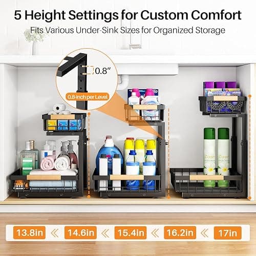 PXRACK Under Sink Organizer, Adjustable Height, 2 Tier Pull Out Under Cabinet Organizer, Slide Out Thickened Metal Under Sink Storage for Kitchen Bathroom Laundry Pantry Cabinet, Black, Large-2-Pack thumbnail 5