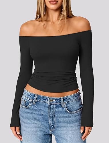 Matunana Womens Off The Shoulder Tops Going Out Long Sleeve Y2k Cute Shirts | Sexy, Boat Neck, Slim Fit, Date Night, Fall Clothes, Fashion, Trendy, Casual, Concert Outfits thumbnail 2