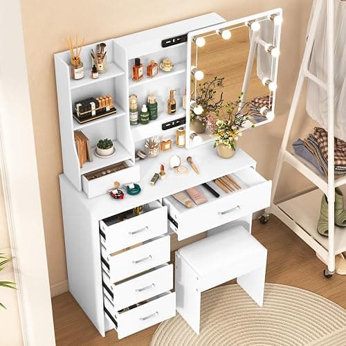 Caulitar White Vanity Desk with Mirror and Lights, 6 Drawers 6 Shelves 1 Stool & 3 Modes Slide Mirror Makeup Vanity for Teens Girls Bedroom, 51.6" H thumbnail 4