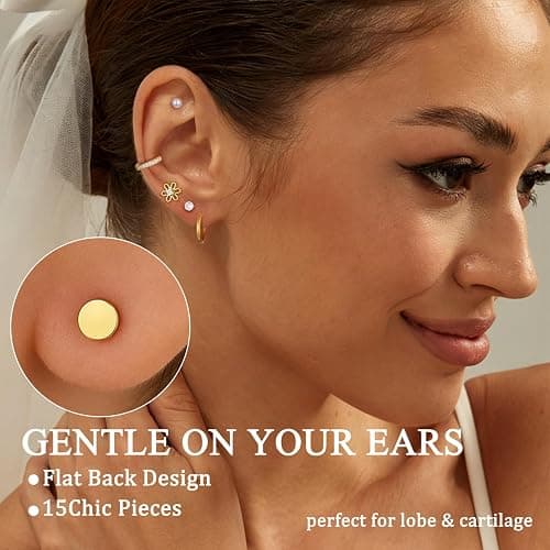 14K Gold Plated Earrings Set for Women | Small Hoop & Stud Earrings for Sensitive Ears | Stackable Flat Back Jewelry for Multiple Piercings | Dangle & Huggie Earring Gift Set thumbnail 6