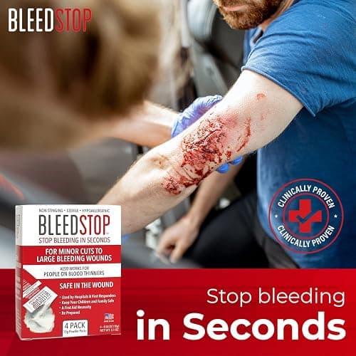 BleedStop™ First Aid Powder for Blood Clotting, Trauma Kit, Blood Thinner Patients, Camping Safety, and Survival Equipment for Moderate to Severe Bleeding Wounds or Nosebleeds - 4 (15g) Pouches thumbnail 4