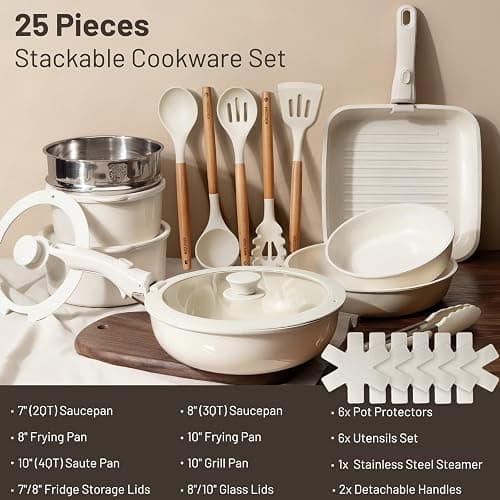 KIKCOIN Ceramic Nonstick Pots and Pans Set - Cookware Set with Detachable Handle - 25 Pack Stackable Cooking Set for RV Kitchen, with Frying Pans, Steamer - Induction/Dishwasher/Oven Safe, PFOA Free thumbnail 2