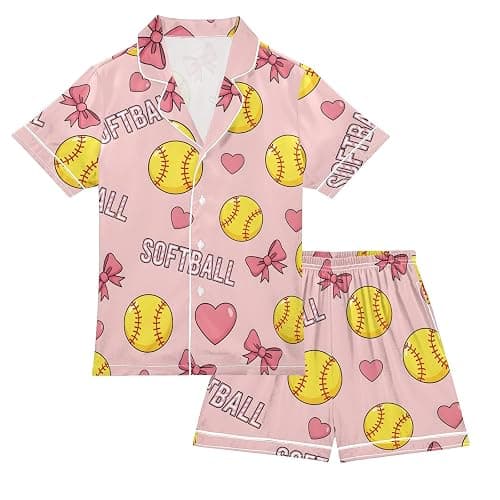 JULYTO Satin Pajama Sets Short Sleeve Volleyball Balls with Blue Bows Button Down Silky Nightwear 2 Piece PJS 5-14Y - Image 1
