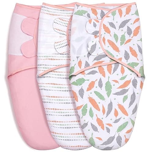 GLLQUEN BABY Swaddle Blankets for Baby Girls, Orange Pink Feather & Wave Point, 3 Pack Wrap Set, Newborn Adjustable Swaddles Sleep Sack, 0-3 Months (Small/Medium)
