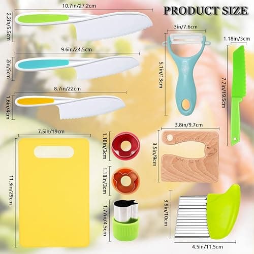 RISICULIS 11 Pieces Wooden Kids Kitchen Knife, Kids Kitchen Set Include Wood Knife, Serrated Edges Plastic Toddler Knife, Crinkle Cutter, Sandwich Cutter, Y Peeler, Cutting Board thumbnail 3