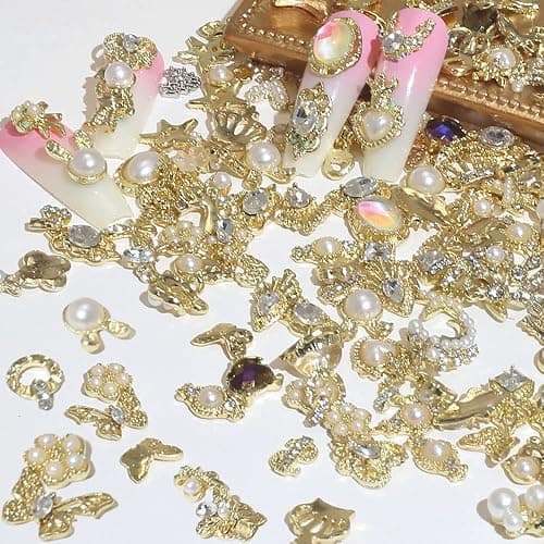 Dornail 50 Stück Gold Nail Charms,Mix Styles Glitzersteine Nägel Perle Legierung Nagel Steine Blume Schmetterling Strasssteine Nägel Herz Stern Nagel Charms DIY Nail Art Zubehör Frauen nägel Deko thumbnail 3