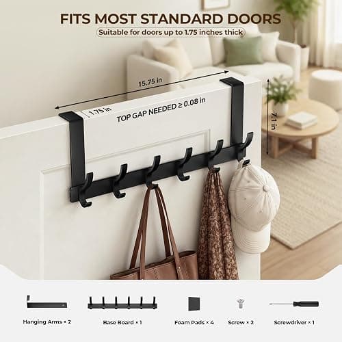 Optish Over The Door Hooks, Door Hanger Hooks for Hanging, Towel Racks for Bathroom with 12 Coat Hook, Coat Rack College Dorm Essentials Bathroom Accessories（1 Pack, Black） thumbnail 3