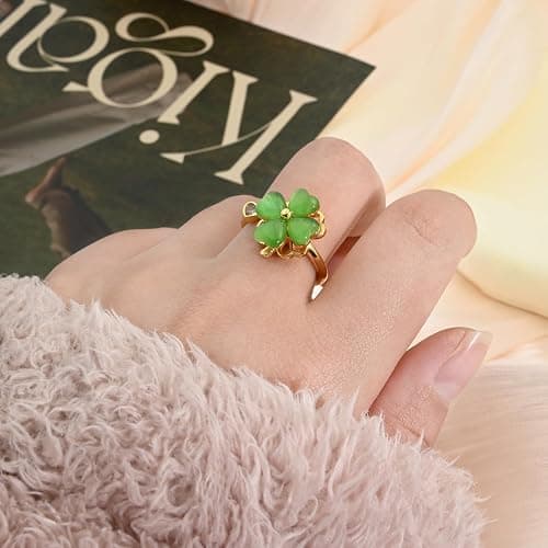 Rotatable Four Leaf Clover Open Rings Adjustable Jade Rings for Women Dainty Good Luck Clover Jewelry for St Patrick’s Day thumbnail 4