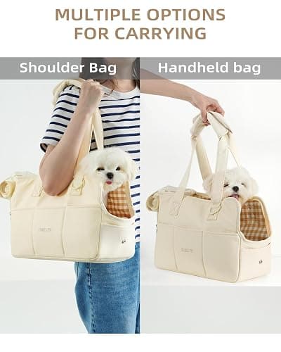 Dog Purse Carrier for Small Dogs Rabbit cat with Large Pockets, Cotton Bag, Dog Carrier Soft Sided, Collapsible Travel Puppy Carrier (Beige, 13.6" L x 6.5" W x 10" H) thumbnail 8