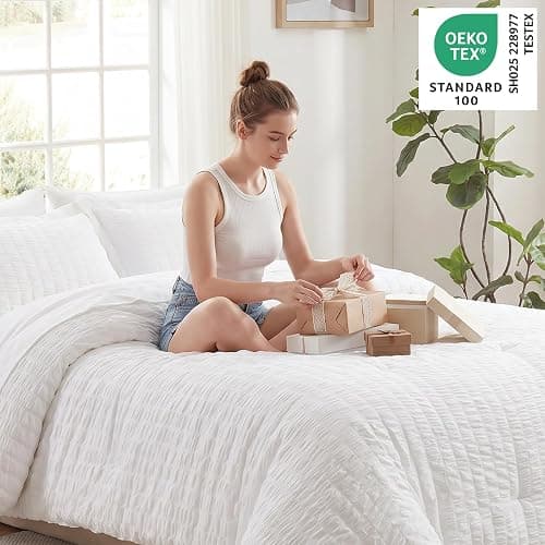 CozyLux Queen Comforter Set White, 7 Pieces Seersucker Textured Luxury Bed in a Bag Queen, All Seasons Soft Bedding Sets with Down Alternative Comforter, Sheets, Pillowcases & Shams, Bedroom Bed Set thumbnail 3