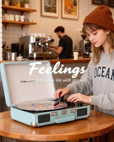 Bluetooth Suitcase Record Player with Built‑in Speakers, Bass & Treble Control, 3‑Speed Belt‑Drive Turntable with Auto‑Stop, RCA & AUX Output, Portable Vinyl Player for 33 45 78RPM LPs thumbnail 5