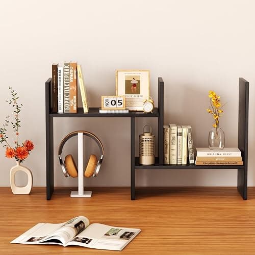 Mihoho Desktop Shelf Organizer, Adjustable Wood Desktop Bookshelf, Office Storage Rack, Wood Display Shelf for Home, Study, Office (Black c) thumbnail 4