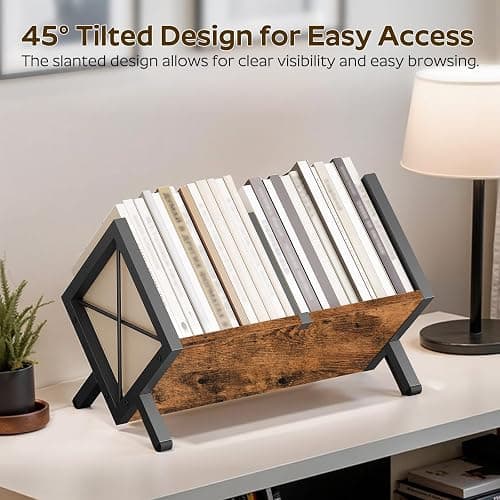 YATINEY Vinyl Record Holder, Record Storage Rack Holds 80-100 LP，Wooden and Metal Record Organizer, Quick Assembly Magazine Holder for CDs, Magazine, Albums, Rustic Brown and Black CJ06BR thumbnail 8
