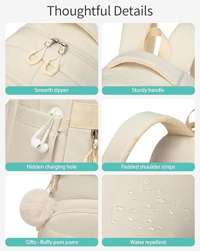 VANKANY Girls Backpack School Bag, Solid Backpack for Middle High School 15.6in Laptop Backpack with USB Charging Hole for Women, Aesthetic College Bookbag for Teens, Beige - Beige - 15.6in thumbnail 5