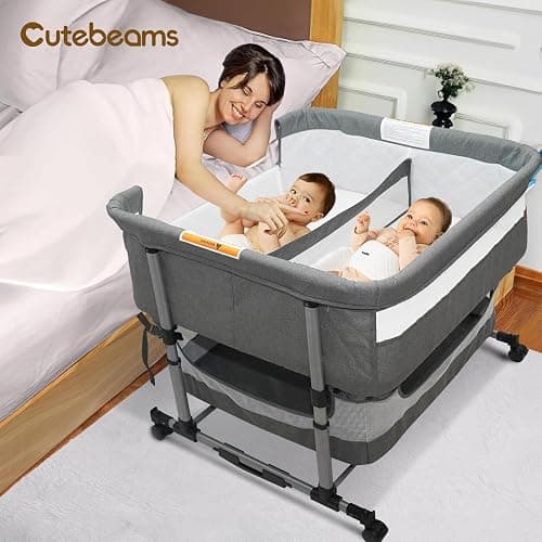 cutebeams Twin Bassinet with 2 Waterproof Sheets & Hanging Diaper Organizer | Bedside Double Bassinet for Twins, Rocking Bassinet for Baby with Storage Basket, Includes Mattress thumbnail 3