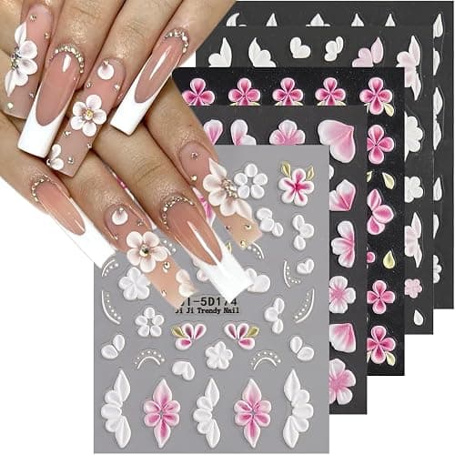 Fspronail 5D Embossed Flowers Nail Stickers 5PCS Pink White Floral Decals | Self-adhesive Cherry Blossom Butterfly Nail Decals French Tips Design Floral Petals Sticker for Nail Art Women DIY Manicure - Image 1