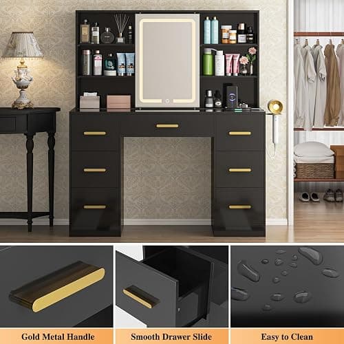 47'' W Large Vanity Desk with Mirror and Lights, 8 Storage Shelves 7 Drawers Vanity Table, Big Makeup Vanity Desk with 3 Lighting Modes, Vanity Dresser with Charging Station, Sliding Mirror (Black) thumbnail 9