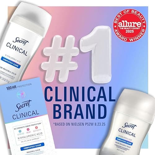 Secret Clinical Strength 100HR Sweat & Odor, Clear Gel Antiperspirant Deodorant for Women, 3X Stress Protection with Hyaluronic Acid, PH Balancing Minerals, Completely Clean Scent, 2.6 oz thumbnail 5