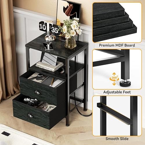 Furologee Nightstands Set of 2, End Tables with Charging Station and LED Lights, Black Night Stands with 2 Fabric Drawers, Bedside Tables Set of 2 for Living Room/Bedroom,Black Oak - 2 PC - drawer on bottom - Black Oak thumbnail 6