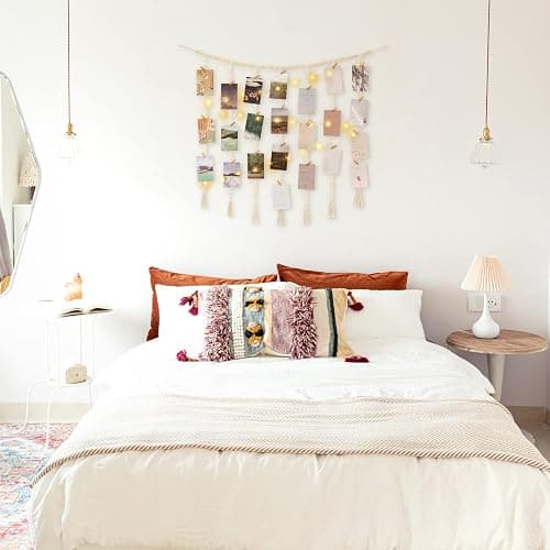 Mkono Macrame Hanging Photo Display Wall Decor with String Lights, Boho Wooden Beads Garland Collage Picture Card Frame Holder with 45 Clips for Bedroom Living Room Dorm, Teen Girls Christmas Gifts thumbnail 2
