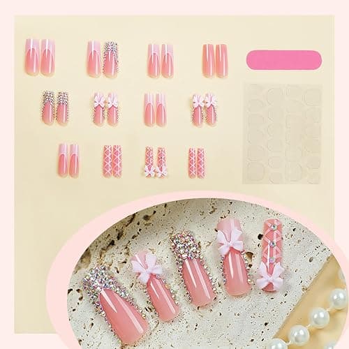 FIEONCIY Press on Nails Long Coffin Shaped Acrylic Glossy Full Cover Long Square French False Nails with Designs Artificial Extra Long Fake Nails with Charms Glue ons Fingernails for Women(XG10187) thumbnail 3