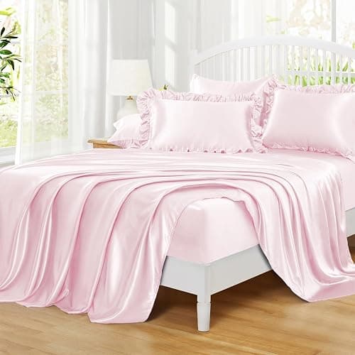 Homiest Ruffled Satin Sheets Full Size 6pc Set - Blush Pink Bed Sheet Set with 15 Inch Deep Pocket Fitted Sheet, 1 Flat Sheet, 2 Ruffled Pillow Shams & 2 Pillowcases, Similar to Silk Sheets thumbnail 6