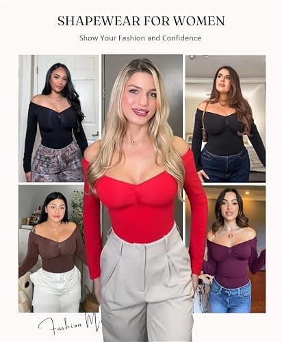 FeelinGirl Women's Long Sleeve Shapewear Bodysuit for Tummy Control Seamless Body Suits Thong V Neck Going Out Tops thumbnail 2