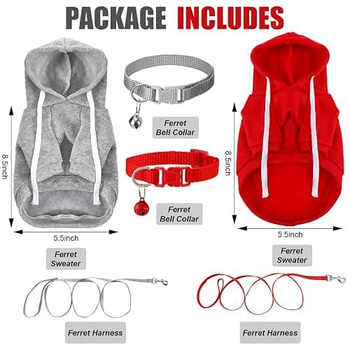 Foaincore 6 Pcs Ferret Clothes Accessories Include Ferret Leash and Harness Set Safe Pet Collar with Bell Small Soft Pet Sweater for Guinea Pig Hamster Chinchilla Teacup Chihuahua Grey and Red thumbnail 2