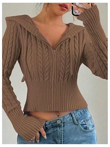 SOLY HUX Women's Crop Cardigan Sweater Cable Knit Zip Up Hoodies Long Sleeve Fall Jacket Y2k Outerwear thumbnail 5