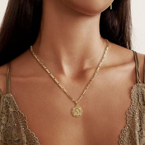 KissYan Initial Necklaces for Women, 14K Gold Plated Round Letter Pendant Capital Monogram Necklace Alphabets from A-Z Figaro Chain Jewelry thumbnail 2