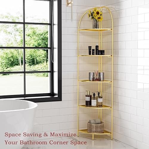 Crofy Foldable 5 Tier Corner Shelf, Metal Corner Plant Stand with Gold Frame and Gold Shelves, Corner Display Rack Multipurpose Shelving Unit for Living Room, Bedroom, Bathroom thumbnail 6
